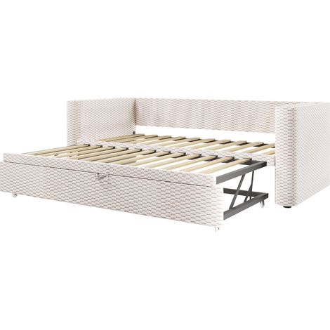 Letto da giorno capitonné in velluto beige 90 x 200 cm con LED e letto estraibile (1/5)
