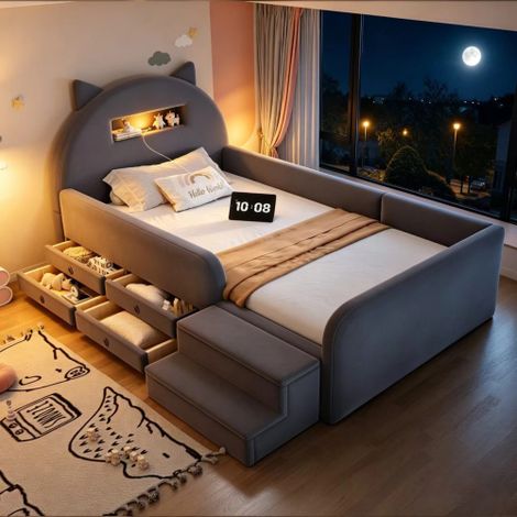 Letto imbottito per bambini 90200 cm, con graziosa testiera a forma di orecchio, ripiano portaoggetti, luce notturna e porta USB sulla testiera, con poggiapiedi removibile e cassetto portaoggetti, tes (1/5)