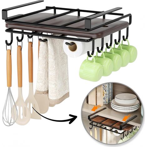Mensola, supporto a parete per armadietto, organizer da cucina con ganci, nero OR116CZ