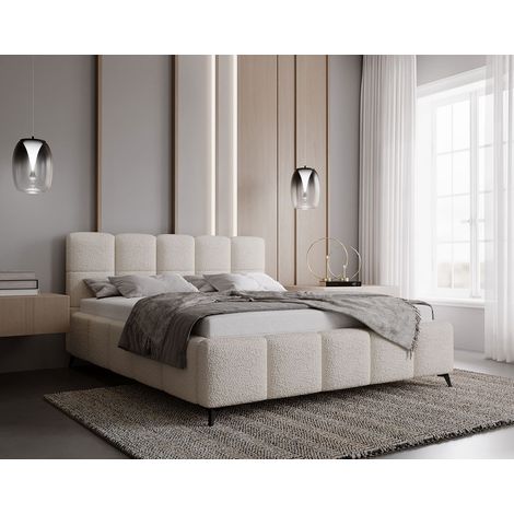 Bestmobilier – Lit coffre 180x200 cm – Sommier à lattes inclus – Tissu bouclette beige – Coffre de rangement intégré – Design moderne (1/5)