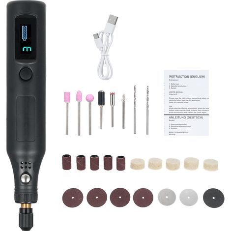 Mini outil rotatif sans fil avec écran numérique, kit de meulage à 3 vitesses et 25 accessoires, chargement USB-C. Outil idéal pour les loisirs créatifs, le meulage, la découpe, la gravure, le perçage (1/5)