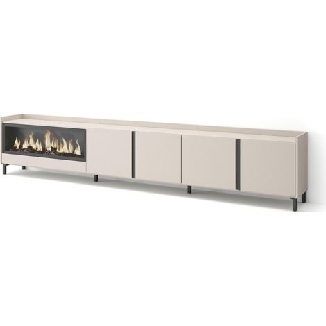 Skraut Home - Meuble TV, Banc Télé, Grand espace de Rangement, 315x35x61cm, Pour les TV jusqu'à 80", Cheminée électrique XXL, Design industriel, Style moderne, Beige (1/5)