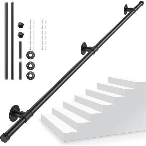 Main Courante pour Escalier, Main Courante Escalier Interieur Exterieur, Main Courante Noire avec Tuyau en Acier Galvanisé Industriel Antidérapant pour Cuisine Salle de Bain Jardin, 2M (1/5)