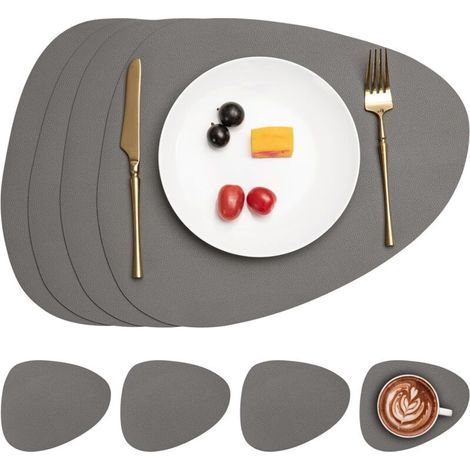 [JAMAIS UTILISÉ] Set de Table et Dessous de Verre, Set de Table Antidérapant Double Face Sets de Table Lavable Imperméables Set Table et Dessous de Verre Set Table Plastique (Gris, Lot de 4) (1/4)