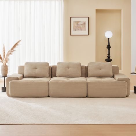 Modulares 3-Sitzer-Sofa aus Cord, 32D-Elastik, ergonomisch geformt, extra tiefe Sitze, rahmenlos, 293 x 104 x 69 cm, beige