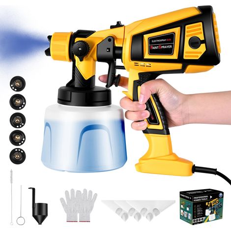 Pistolet a Peinture, 800W Pistolet a Peinture Electrique, 1400ml HVLP Pistolet Peindre avec 5 Buses et 3 Motifs, pour Meubles, Armoires, Clôture, Plafonds, Murs, Porte, Jaune (1/5)
