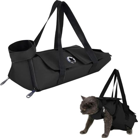 Bolsa de aseo para gatos negra y resistente a los arañazos, con aberturas para las patas que facilitan el corte de uñas, la limpieza de oídos y el limado de uñas. Tamaño mediano. (1/5)