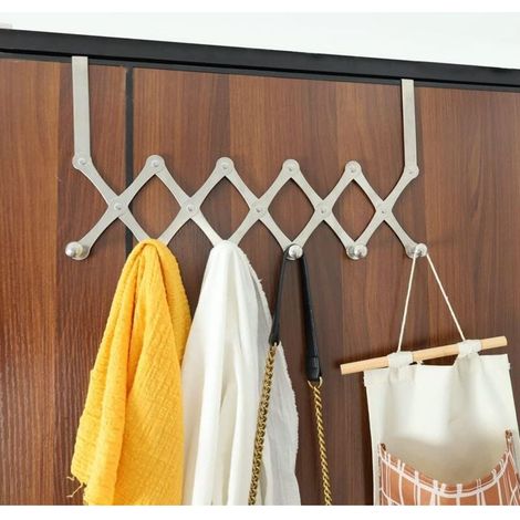 Patère Pliante, Crochet de Porte en Acier Inoxydable Brillant Argenté avec 6 PatèRes RéTractables, Longueur RéTractable Jusqu'à 65CM Sans PerçAge, Convient pour Chambre Cuisine Salle de Bain (1/4)