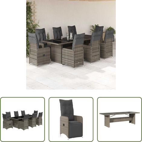 Gartentisch - 9-tlg. Garten-Bistro-Set mit Kissen Grau Poly Rattan (1/5)
