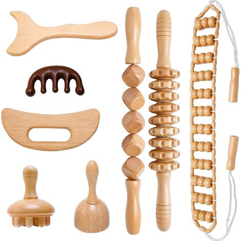 Kit de massage en bois 8 en 1 pour la formation du corps, drainage lymphatique, anti-cellulite, rouleau de massage Gua Sha pour les douleurs musculaires du corps entier (1/5)