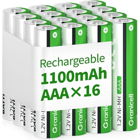 Granicell Lot de 16 piles rechargeables AAA - 1100 mAh - Haute capacité - 1500 cycles - 1,2 V NiMH - Faible auto-décharge (1/5)