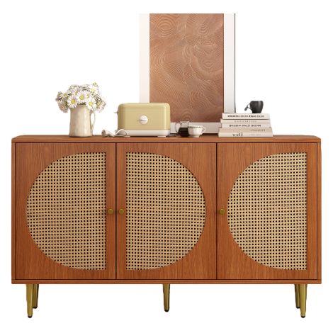 Buffet salon 129.8 x 40 x 76 cm de rangement rotin 3 portes à étagères ajustables, couleur noyer (1/5)
