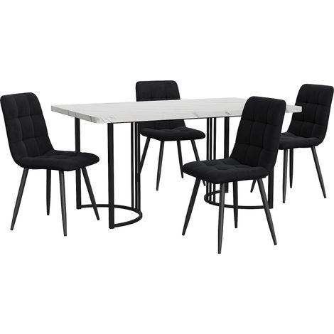 Set da pranzo 5 pezzi tavolo 140 x 80 cm MDF bianco con 4 sedie in velluto nero (1/5)