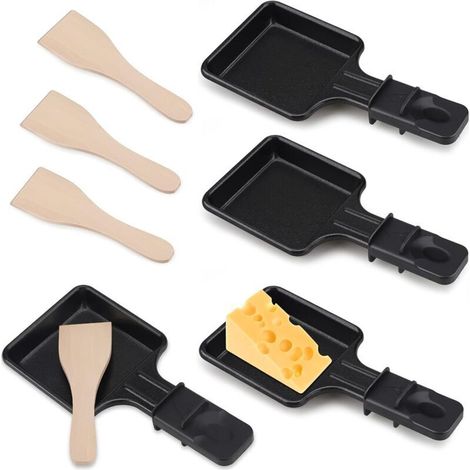 Mini poêlons raclette 4 personnes, revêtement antiadhésif, pelle bois, fromage fondu œufs convivialité table (1/4)