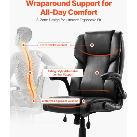 Chaise de Bureau avec Accoudoirs Rabattables et Coussin Lombaire, Fauteuil de Direction Ergonomique, Siège de Bureau en Cuir PU, Ch… (1/5)