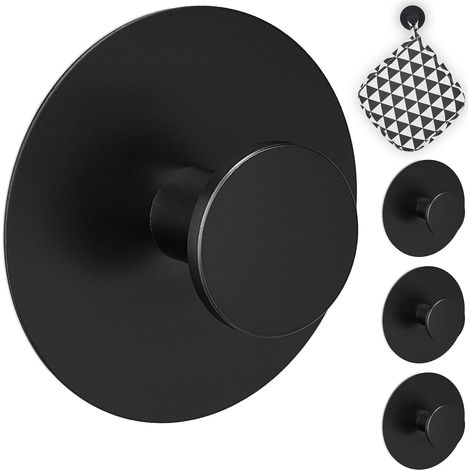 Patère de Porte autocollante, Set de 4, en Acier Inoxydable, Ø 5,5 cm, Crochet Mural sans perçage, Noir (1/5)