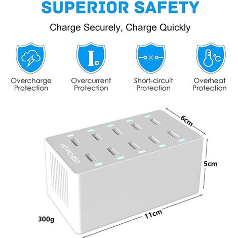 Station de Charge USB, hub Chargeur USB de 50 W à 10 Ports, Chargeur USB multiport avec Smart Detect, Compatible avec iPhone, Galaxy, Tablette iPad et Autres appareils de Charge USB (1/4)