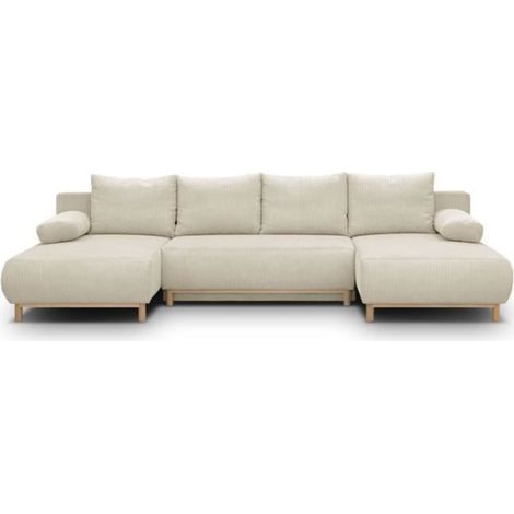 Canapé panoramique convertible 6 places – Velours côtelé beige – Coffre de rangement – Structure en pin massif – Dimensions 313 x 84 x 145 cm (1/5)