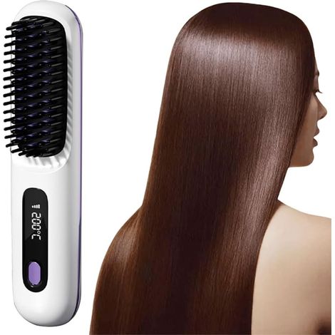 Cordless Hair Straightening Brush, Mini Travel Hair Straightener, Portable Hair Straightener, USB Rechargeable, Heats Up Quickly, 3 Adjustable Temperature Settings 160°C to 200°C (White)
