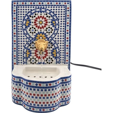 Wasserbrunnen aus Steinzeug mit Mosaik blau und rot 30 cm