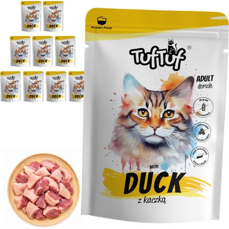 Comida húmeda para gatos TufTuf sabor pato, sobres de 10 x 300 g, carne.
