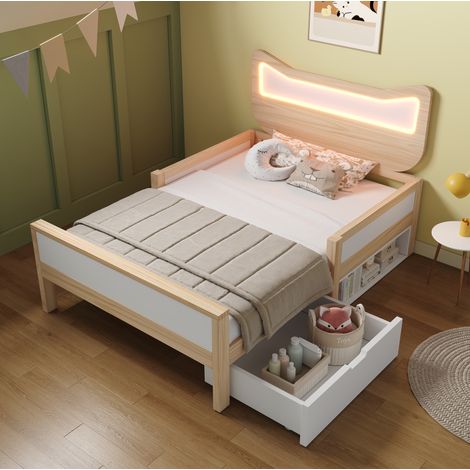 Bett Bettgestell Stauraum 90x200 Holz Weiß Eiche OKMYHOME (1/5)