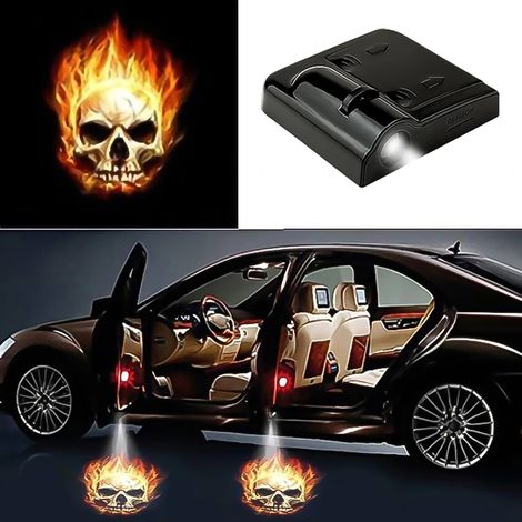 (Crâne de feu) Projecteur laser LED universel pour porte avec logo de bienvenue, veilleuse fantôme, sans fil, kit d'éclairage de courtoisie pour voiture, accessoires automobiles, éclairage pour véhicu (1/5)