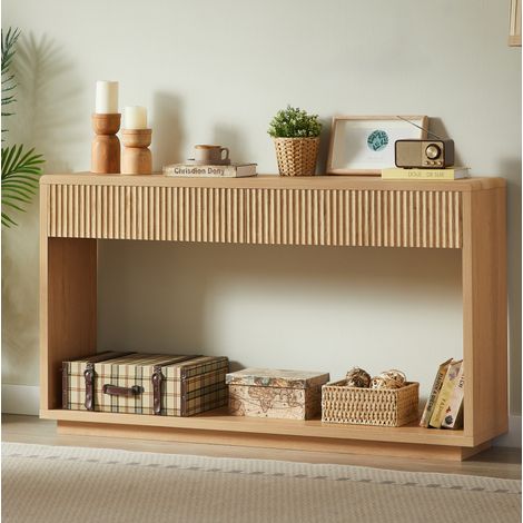 Table console 150/35/85 cm aspect chêne naturel avec 2 tiroirs et niche ouverte (1/5)