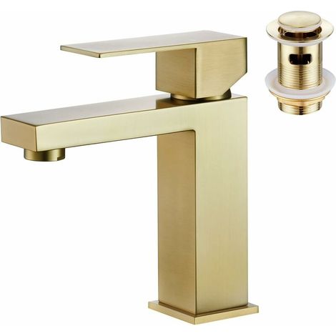 Bathroom Sink Faucet, Single Handle Square Bathroom Sink Faucet with Waste Trim, Stainless Steel Gold (1/5)