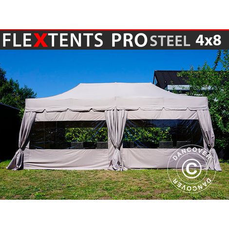 Pop up gazebo FleXtents PRO Steel "Peaked" 4x8 m Latte, incl. 6 sidewalls and 6 decorative curtains