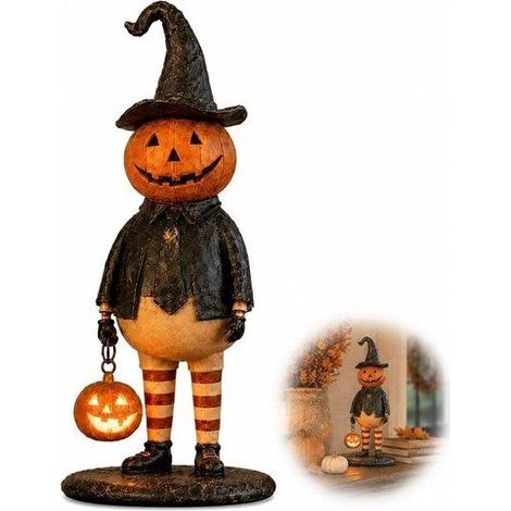 Décoration d'Halloween–Figurine de sorcière avec citrouille LED– Décoration avec citrouille lumineuse–Figurine en résine rtable (1/5)