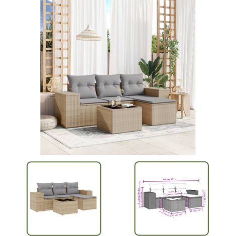 5-tlg. Garten-Sofagarnitur mit Kissen Beige Poly Rattan (1/3)