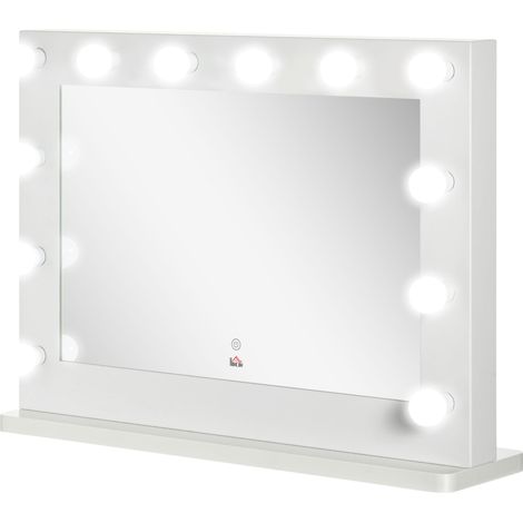 Miroir Hollywood LED 12 lampes à intensité variable, commande tactile, fonction mémoire, blanc 80x60 cm
