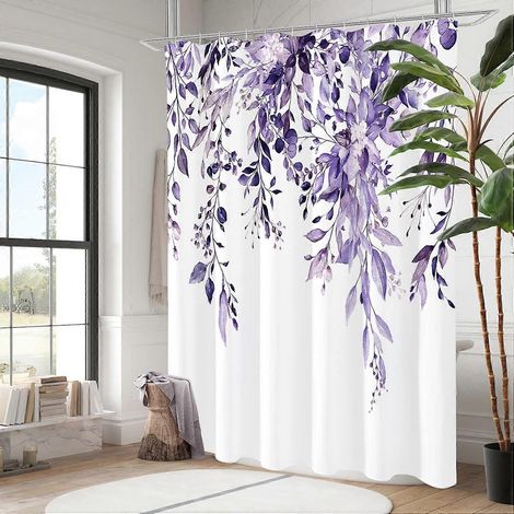 Rideau de douche à motif d'eucalyptus violet feuilles de plantes aquarelles et fleurs avec crochets 183 x 183 cm (72 x 72 pouces) violet (1/4)