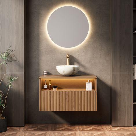 Mobile lavabo sospeso minimalista 80 cm, finitura rovere marrone, lavabo in ceramica bianco pietra, 1 cassetto e vano aperto LED (1/5)
