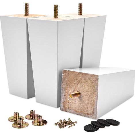 Lot de 4 pieds de meubles carrés en bois massif blanc du milieu du siècle avec boulon M8 pré-percé, plaque de montage et vis pour canapé, fauteuil (1/5)