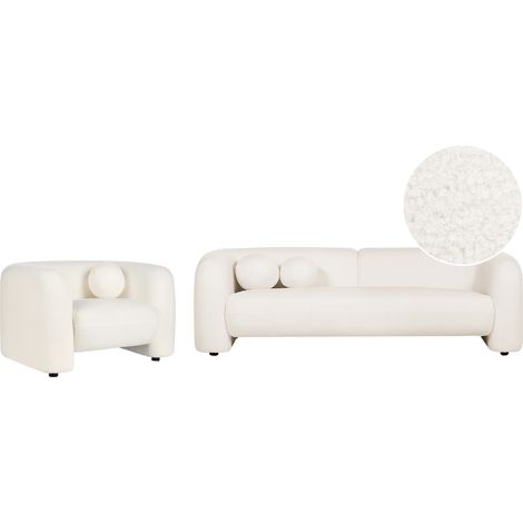 Conjunto de sala de estar 4 plazas sofá y sillón moderno con cojines extra de bouclé blanco Leiren
