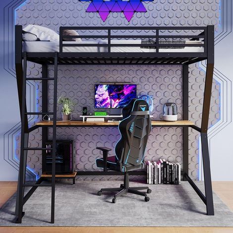 Lit mezzanine - Modèle 140x200 - LED intégré - Bureau avec prise USB - Structure métal+MDF (1/5)