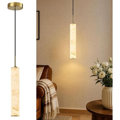 Luminaire Suspendu en Pierre Naturelle, Suspension Cylindrique Design avec Finition Métal, Cordon Réglable pour Cuisine, 40 cm (20 W), Cuivre (1/5)