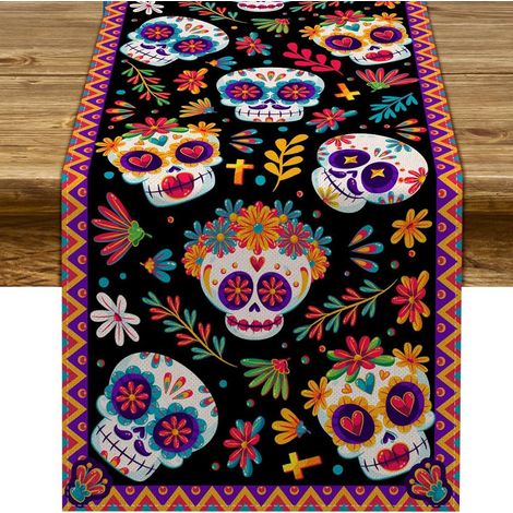 Chemin de table mexicain pour la Fête des Morts, motif floral et crâne, décoration d'Halloween pour salon et meuble TV - 30 x 180 cm (polyester) - WSJZQ-12