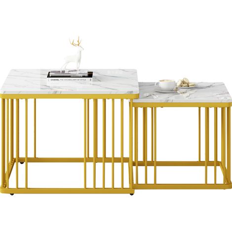 Set de 2 tables basses carrées avec plateau effet marbre brillant et pieds dorés, 60x60x45 cm et 45x45x40 cm (1/5)