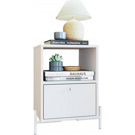 Chevet Blanc 1 Tiroir 1 Niche Pieds Métal L 45 H 56 P 35 cm (1/5)