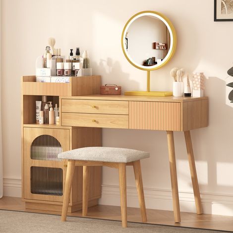 Ensemble coiffeuse avec miroir LED – Éclairage 3 couleurs – Table de maquillage en bois – 120 × 40 × 90 cm (sans tabouret) – Pour chambre, studio ou dressing