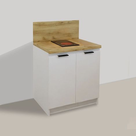 Inoval – Cuisine kitchenette blanche 80cm – Plaque vitrocéramique 2 foyers – Puissance 3000W – Meuble bas avec crédence chêne Delano