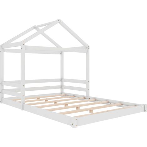 Kinder-Hausbett 140 x 200 cm mit Lattenrost, Kiefer und MDF, weiß, minimalistischer Stil (1/5)