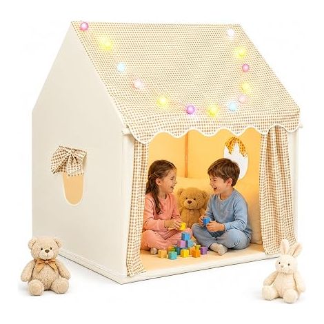 Tente de Jeu Interieur Beige à Carreaux 120x100x130cm Guirlande Lumineuse LED Cabane Intérieur Fenêtre Support Métallique Enfant (1/5)
