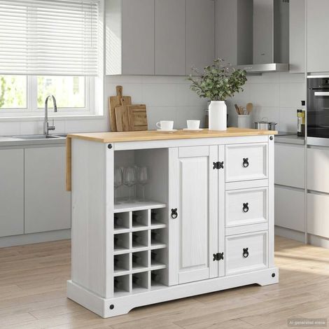 Meuble de rangement cuisine en pin massif blanc et cire de miel 112 x 70 x 91,5 cm - PANGIVO (1/5)