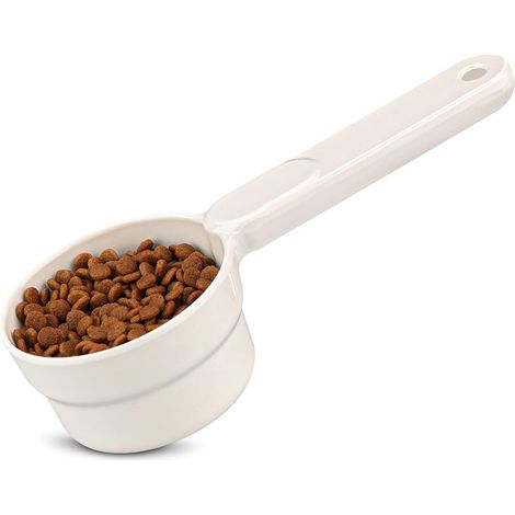 Tasse doseuse en plastique à long manche pour aliments pour animaux - Blanche (1/5)