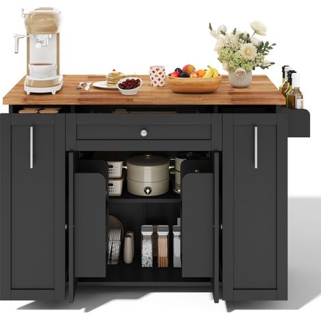Desserte de Cuisine avec Plateau Rabattable, 3 Tiroirs et Roulettes, en MDF, 120 x 45 (70) x 87 cm, Noir Naturel (1/5)