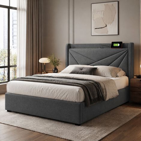 Letto singolo con cassetto contenitore e ricarica USB-C, testiera grigia in lino e cotone (1/5)
